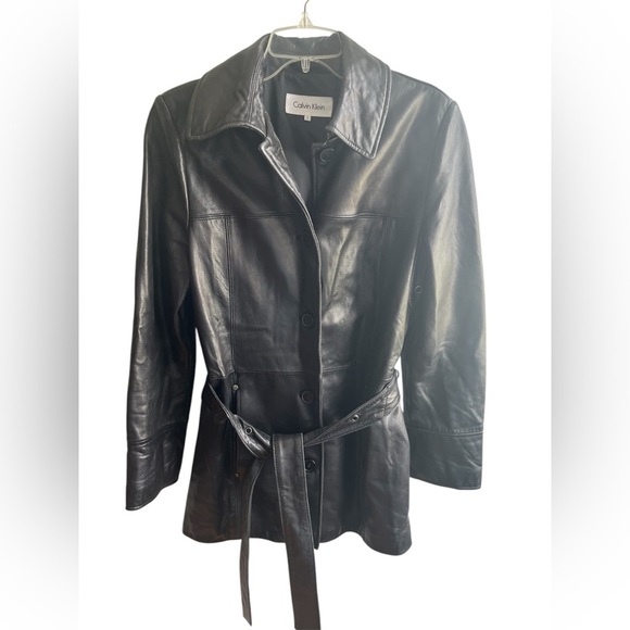 Calvin‎ Klein Women’s 90s/Y2K Black 100% Leather Belted City Jacket Size Small - Picture 1 of 7